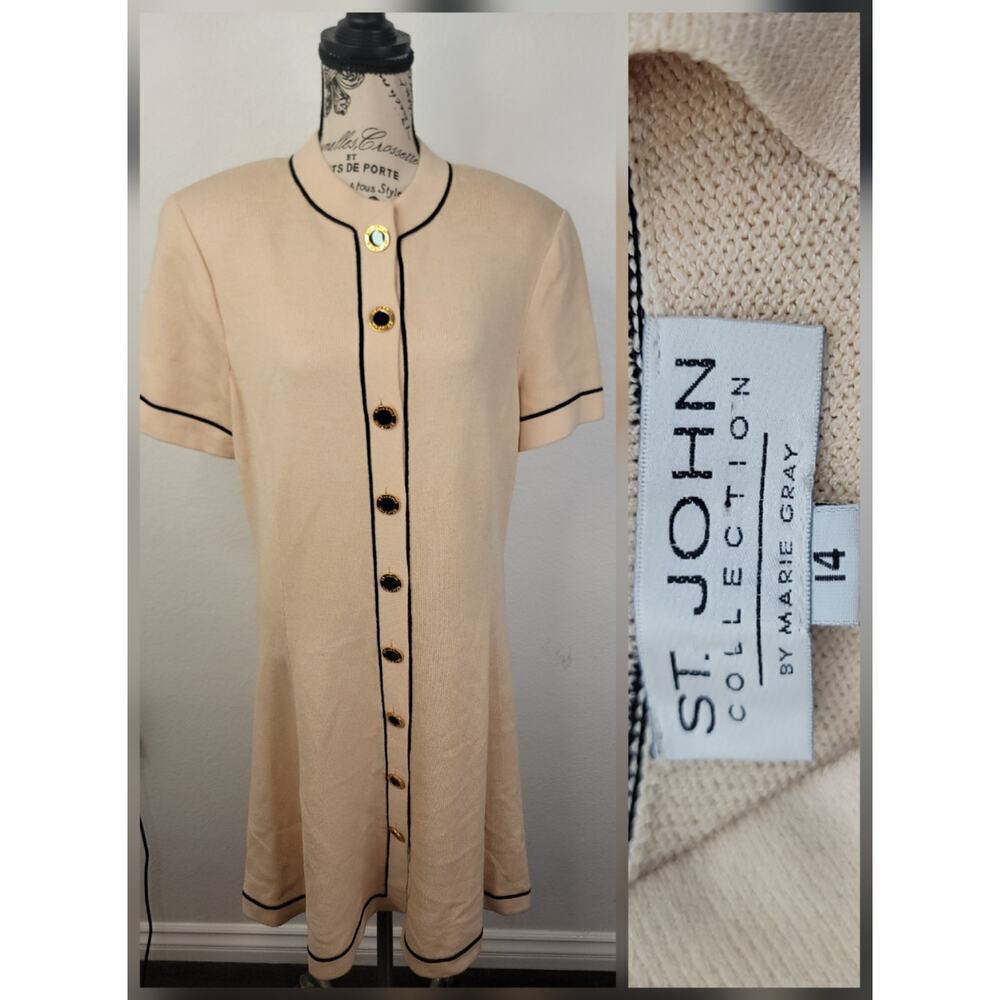 St. John Collection Short Sleeve Santana Knit Button-Up Dress SZ 14 Shoulder Pad